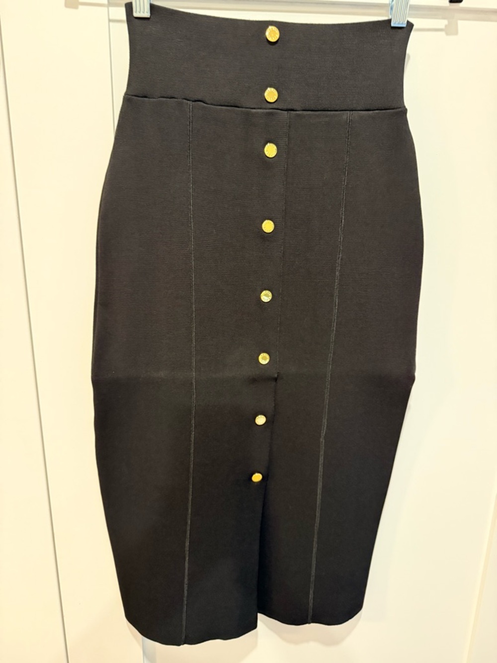 Sandro - High-Rise Black Midi Skirt with Gold Button Stretch Sz(1)Small 2-4 - Picture 5 of 6